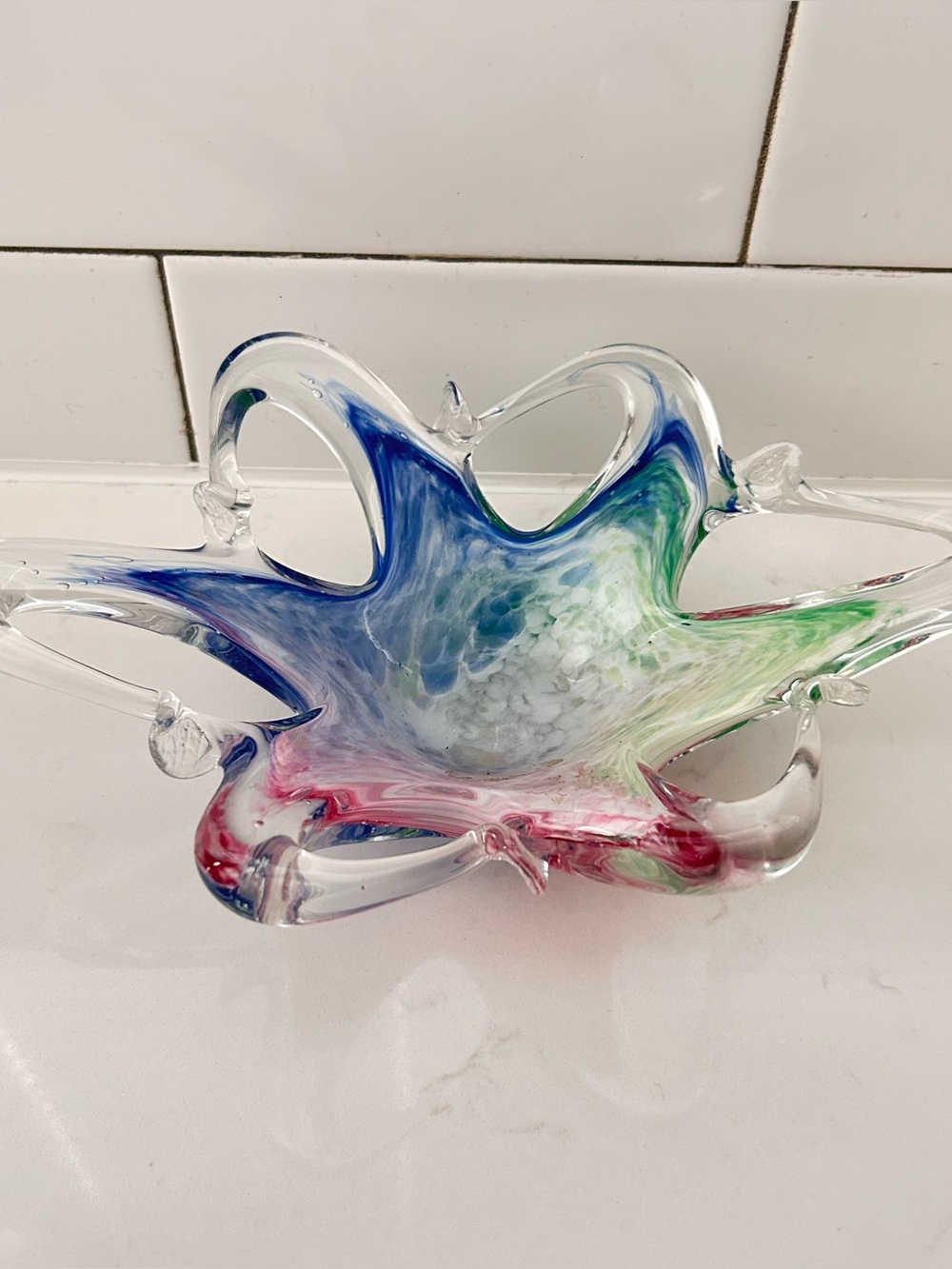 Vintage Hand Blown Glass Star Fish Bowl  Pink Blue Green 9.5” Murano Style